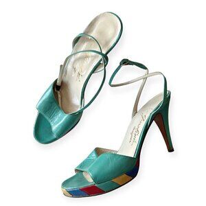 Vintage Garolini‎ Ankle Strap Heel, Patchwork Platform,  Size 8N